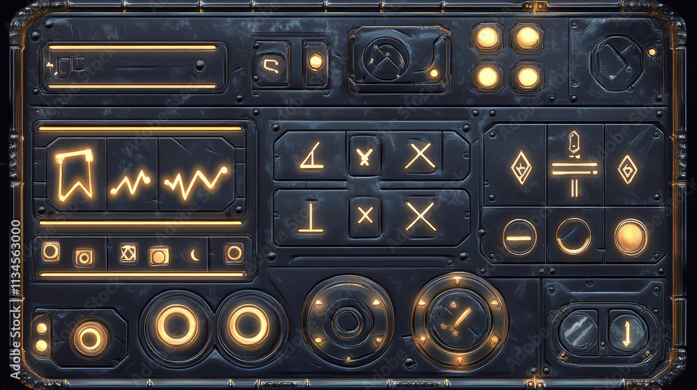 Game buttons and frames with metal border. Design elements and assets ...
