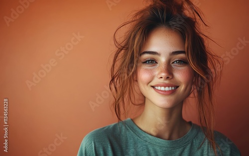 Beauty girl smiling and wearing a t-shirt in studio color background