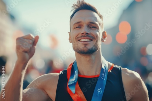 Marathon runner receiving medal at finish line, natural daylight with fill flash, emotional victory moment, with copy space