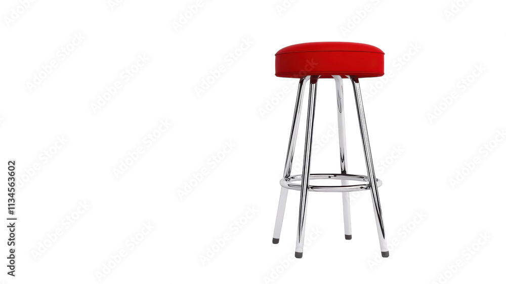 A modern red bar stool with a chrome base positioned against a transparent background. A modern red bar stool with a chrome base positioned against a transparent background.