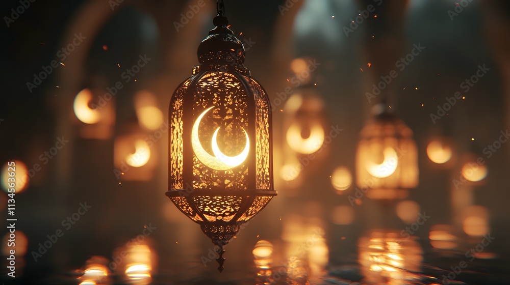 Illuminated crescent moon lantern hanging in a dimly lit, ornate hall with other lanterns reflecting on the floor. Illuminated crescent moon lantern hanging in a dimly lit, ornate hall with other lanterns reflecting on the floor.