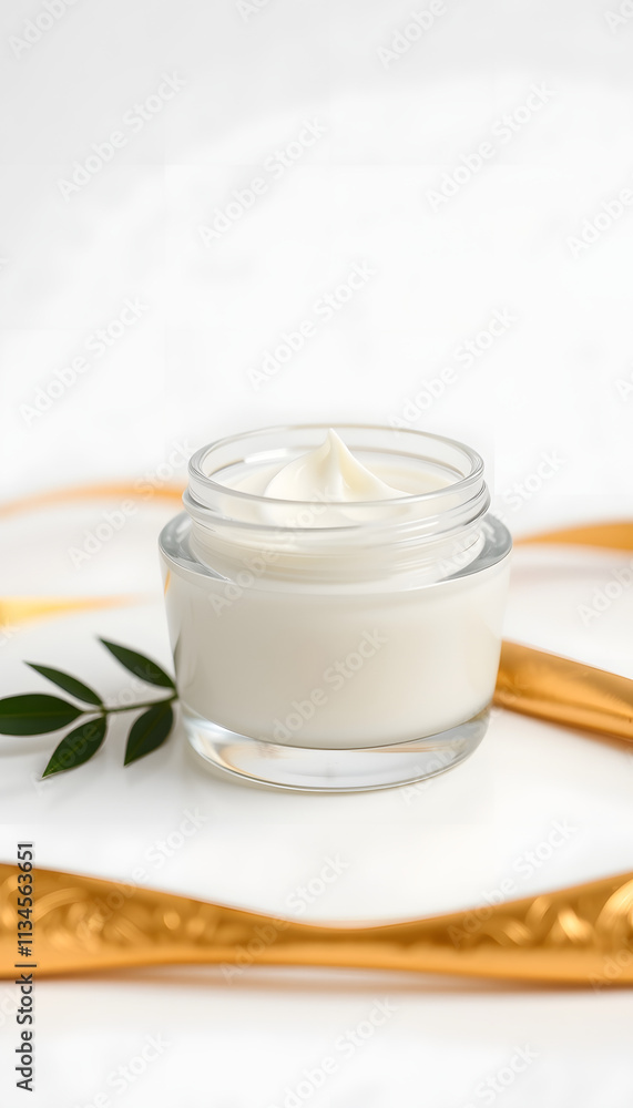 Face cream in a glass jar on white and gold background. Skin care concept. Backdrop for beauty cosmetic products, close-up Face cream in a glass jar on white and gold background. Skin care concept. Backdrop for beauty cosmetic products, close-up