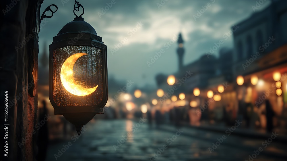 Illuminated crescent moon lantern hanging on a wall in a dimly lit city street at night. Illuminated crescent moon lantern hanging on a wall in a dimly lit city street at night.