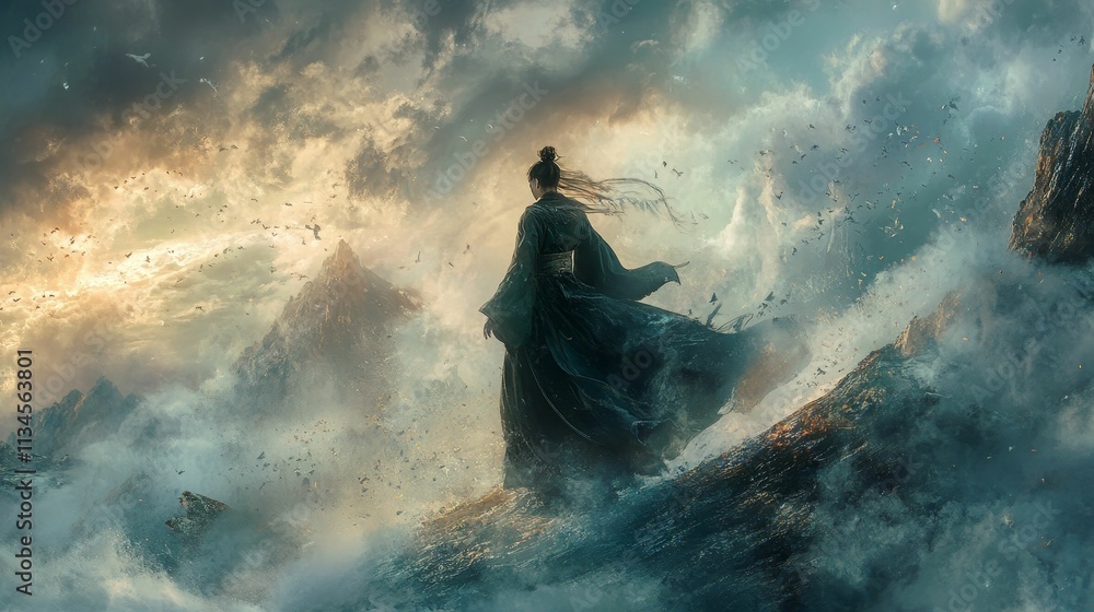 Robed figure, mountainous landscape, stormy sky, birds flying. Robed figure, mountainous landscape, stormy sky, birds flying.