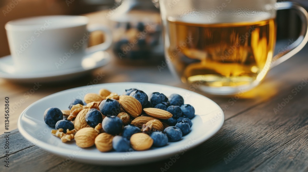 Low-sugar Nordic snack: roasted nuts and dried blueberries with a herbal tea infusion Low-sugar Nordic snack: roasted nuts and dried blueberries with a herbal tea infusion