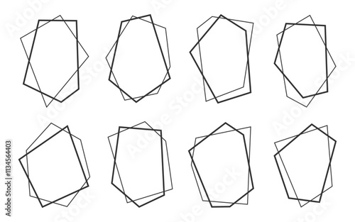 Modern black polygonal frames set in a minimalist geometric style. Overlapping lines forming abstract shapes, for clean elegant wedding invitations, branding, social media posts, posters, web design