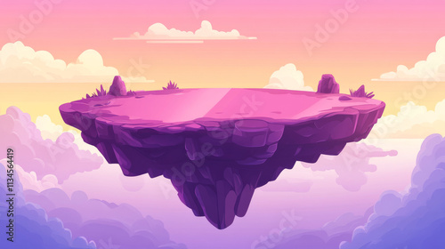 Land island floating in pink sky game vector illustration. Cartoon level with empty ground platform to jump in 2d mobile videogame environment. Fantasy terrain with rock stage and purple cloud scene photo