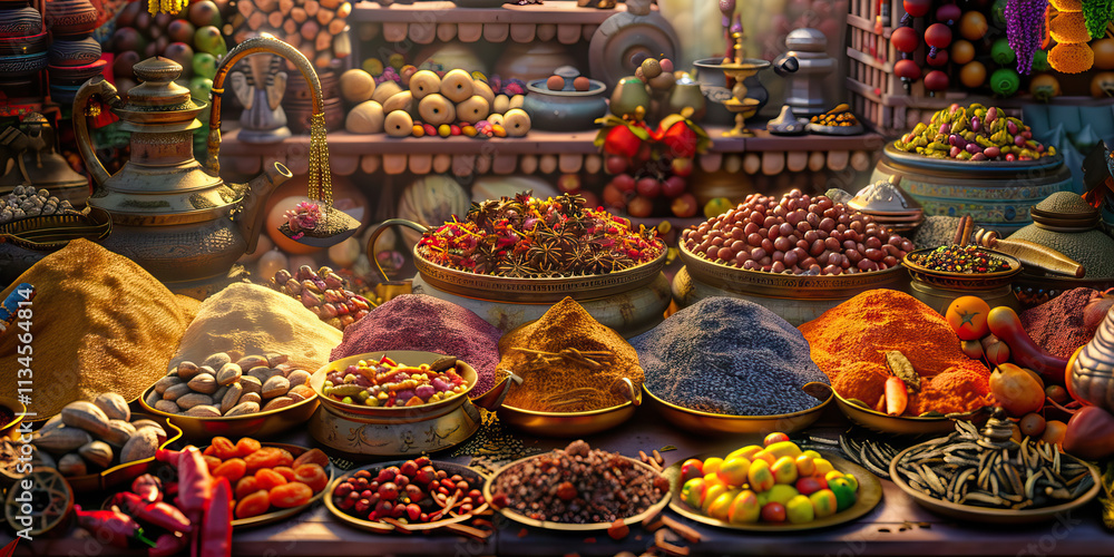 Assortment of Spices, Nuts, and Dried Fruits at a Market Stall Assortment of Spices, Nuts, and Dried Fruits at a Market Stall