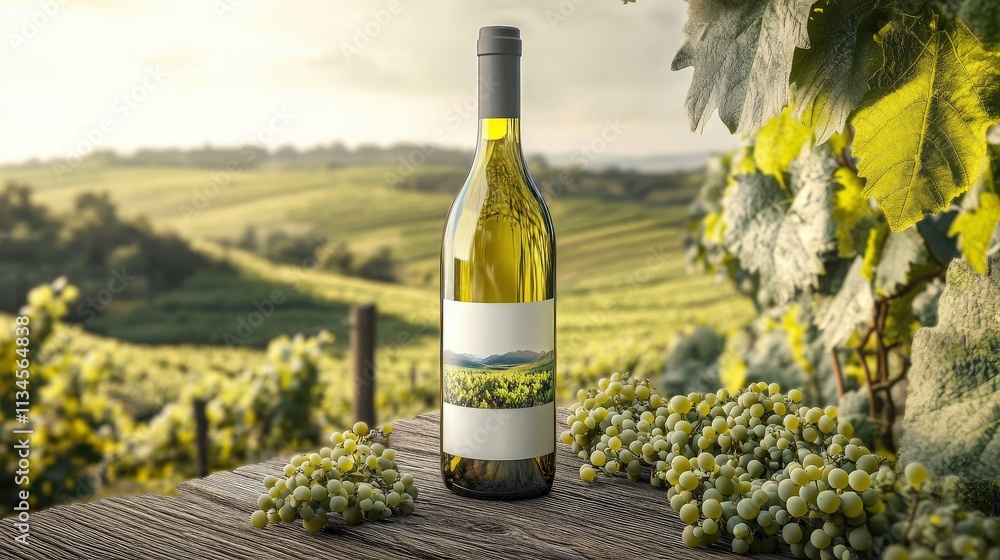 Fototapeta premium White Wine Bottle Vineyard Landscape Grapes Rustic Setting