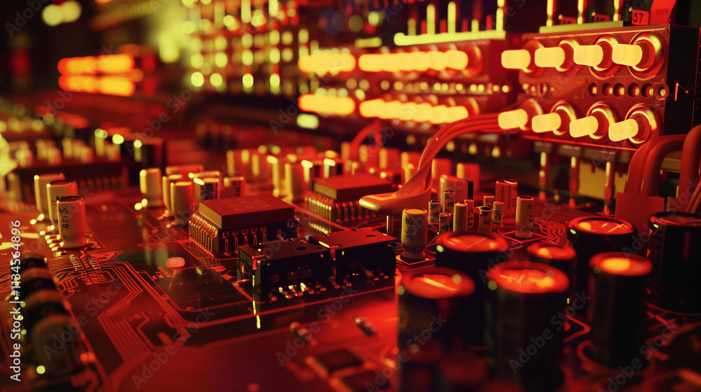 Close-up of a lit electronic circuit board in warm lighting. Close-up of a lit electronic circuit board in warm lighting.