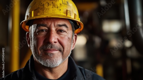 Portrait of a Gas Plant Worker: Glistening Yellow Helmet, Precision Black Uniform, Soft Dramatic Lighting, and Industrial Bokeh Reflecting Workplace Spirit and Confidence.