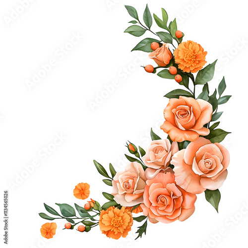 Beautiful Floral Arrangement with Orange Roses, Marigolds, and Green Leaves on a Dark Background for Invitations, Cards, or Decorative Art Projects