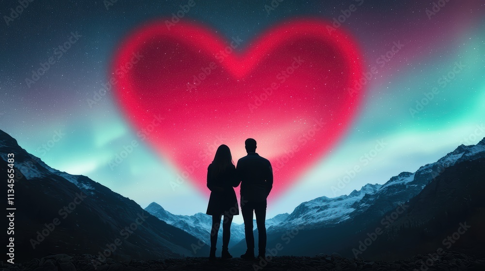 Couple admiring heart-shaped sky silhouette mountain landscape night Couple admiring heart-shaped sky silhouette mountain landscape night