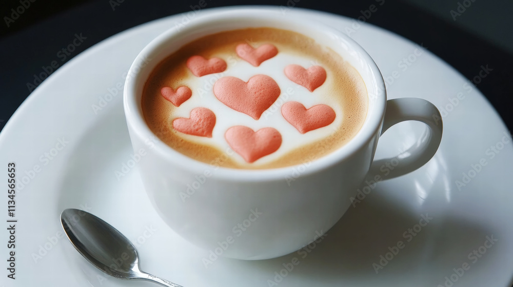 Top view of tasty cappuccino with hearts art latte. Romantic love concept. Copy space. Generative AI Top view of tasty cappuccino with hearts art latte. Romantic love concept. Copy space. Generative AI