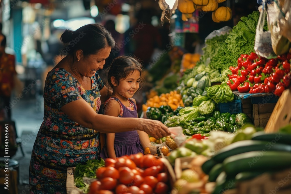 Joyful interaction between a woman and a child in a vibrant market filled with fresh produce, showcasing the beauty of community and family traditions in everyday life Joyful interaction between a woman and a child in a vibrant market filled with fresh produce, showcasing the beauty of community and family traditions in everyday life