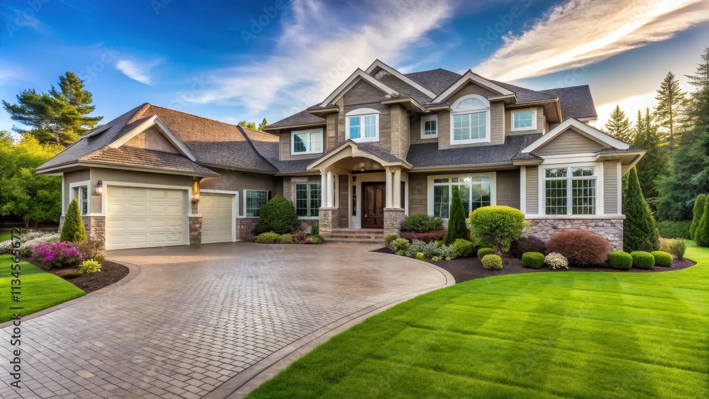 Exterior view of a luxurious home with a manicured front lawn and a long driveway, luxury, home, exterior, view, front Exterior view of a luxurious home with a manicured front lawn and a long driveway, luxury, home, exterior, view, front