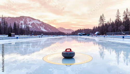 Curling stone resting on the ice with mountains and trees in the background at sunset