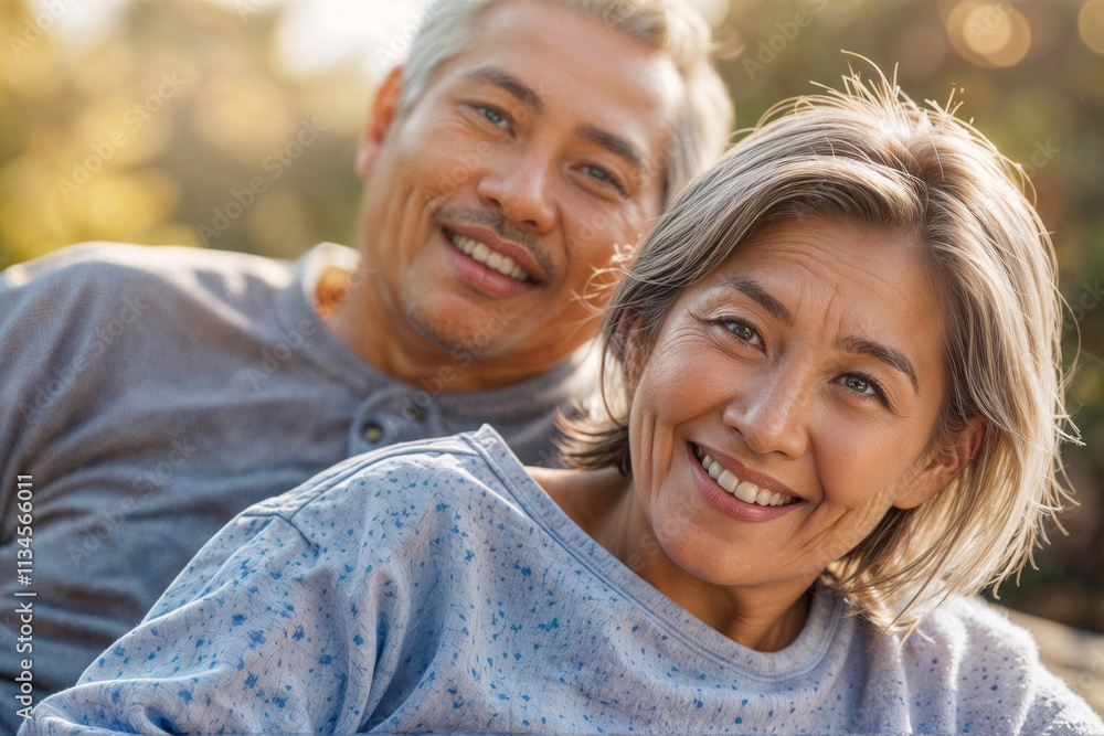 A couple of Asian elderly people are smiling at the camera. The elderly Asian man is wearing a gray shirt and the elderly Asian woman is wearing a blue shirt and they are looking at the camera A couple of Asian elderly people are smiling at the camera. The elderly Asian man is wearing a gray shirt and the elderly Asian woman is wearing a blue shirt and they are looking at the camera