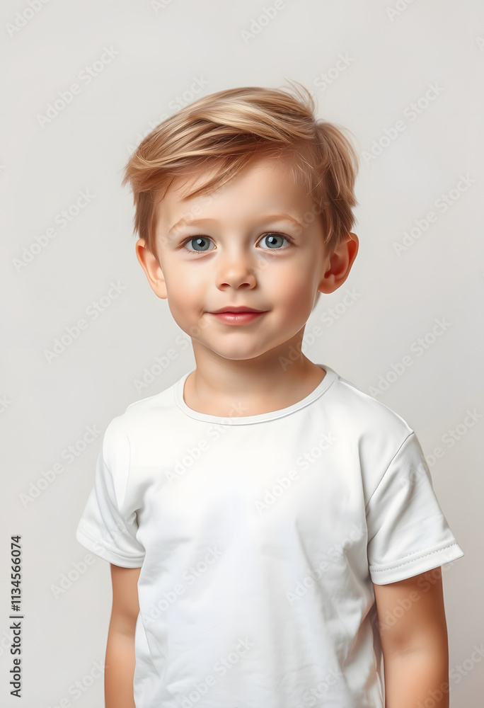 Portrait of a fictional young little boy wearing a plain white t-shirt. Isolated on a plain neutral background., studio photography Portrait of a fictional young little boy wearing a plain white t-shirt. Isolated on a plain neutral background., studio photography