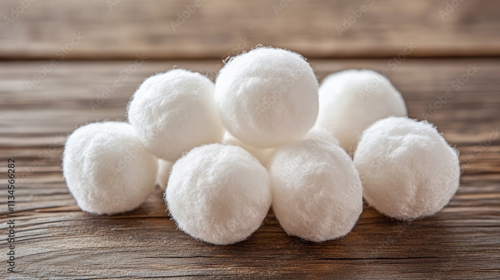 Soft White Cotton Balls Stacked on Wooden Surface in Natural Light Soft White Cotton Balls Stacked on Wooden Surface in Natural Light