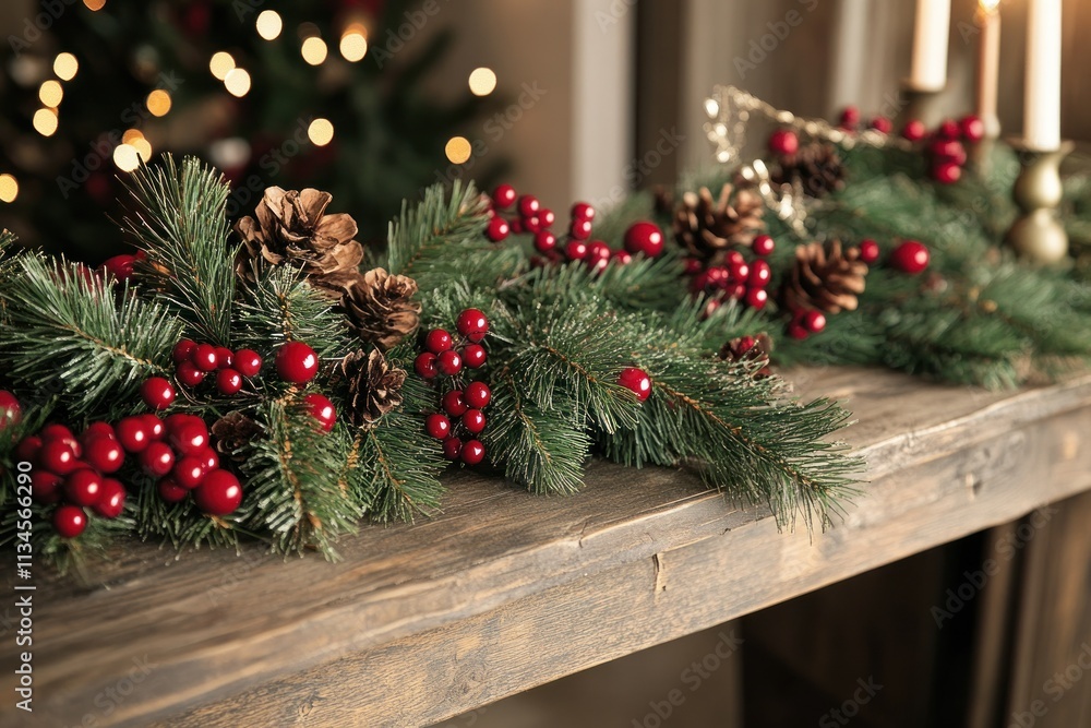 Festive Holiday Decor with Green Pine Branches, Red Berries, and Pine Cones Arranged on a Rustic Wooden Surface Amidst Soft Candlelight Festive Holiday Decor with Green Pine Branches, Red Berries, and Pine Cones Arranged on a Rustic Wooden Surface Amidst Soft Candlelight