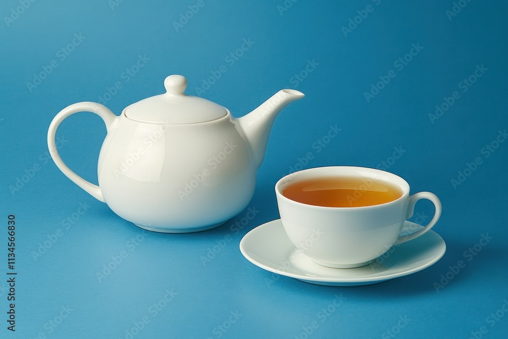 Elegant White Teapot with Tea Cup and Saucer Against a Vibrant Blue Background, Perfect for Tranquil Moments and Tea-Time Depictions Elegant White Teapot with Tea Cup and Saucer Against a Vibrant Blue Background, Perfect for Tranquil Moments and Tea-Time Depictions