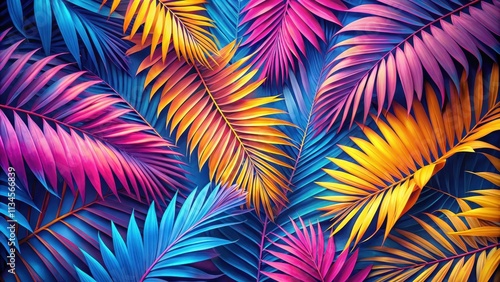 Vibrant tropical palm leaves in neon pink, yellow, and blue on abstract floral background, tropical, palm leaves, vibrant