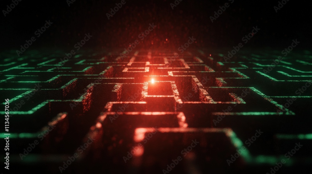 A glowing maze with red and green lights, creating a futuristic and digital atmosphere. A glowing maze with red and green lights, creating a futuristic and digital atmosphere.