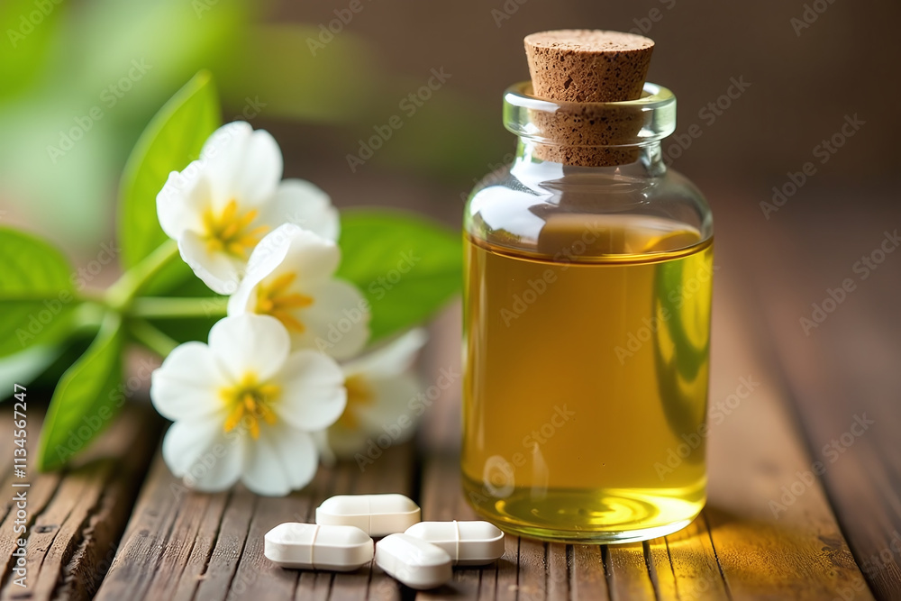 oenothera biennis evening primrose oil flowers bottle pills wooden table oenothera biennis evening primrose oil flowers bottle pills wooden table