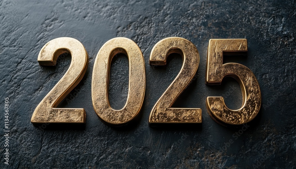 Golden Numbers Two Thousand Twenty Five on Dark Background Golden Numbers Two Thousand Twenty Five on Dark Background