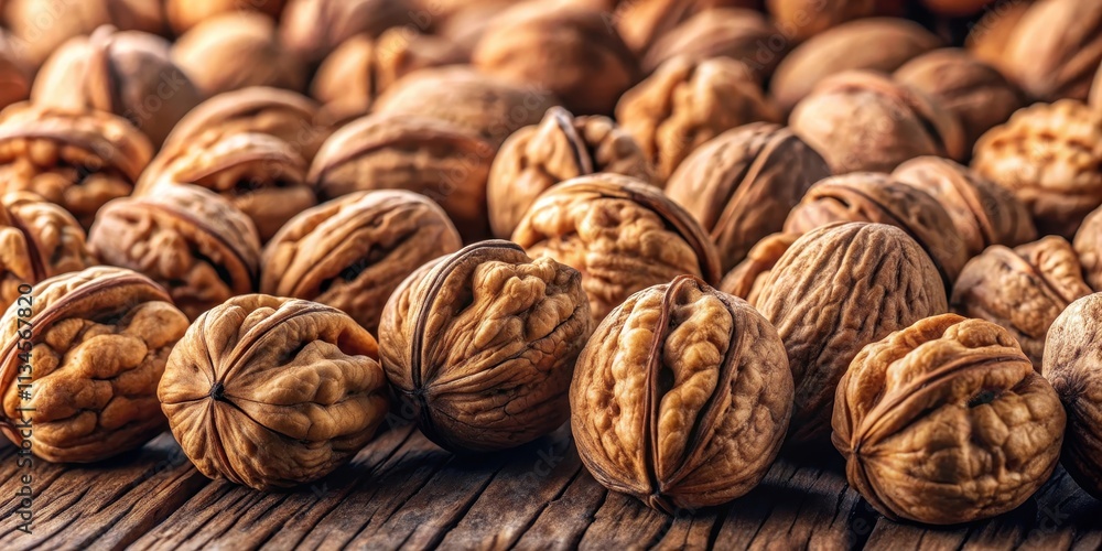 Close-up of walnuts in shells poured on the surface, representing a bountiful harvest of nuts , walnuts, shells, close-up, surface Close-up of walnuts in shells poured on the surface, representing a bountiful harvest of nuts , walnuts, shells, close-up, surface