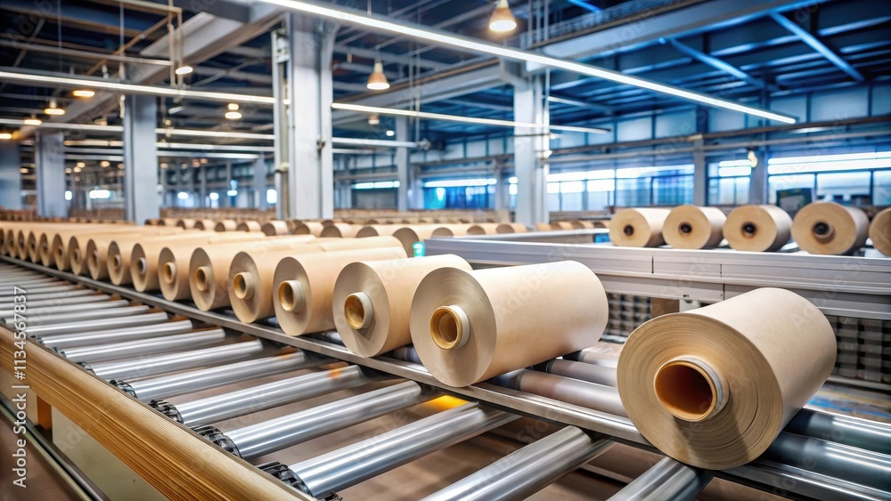 Paper rolls moving on conveyor belt in printing facility, printing, paper rolls, modern, conveyor belt Paper rolls moving on conveyor belt in printing facility, printing, paper rolls, modern, conveyor belt