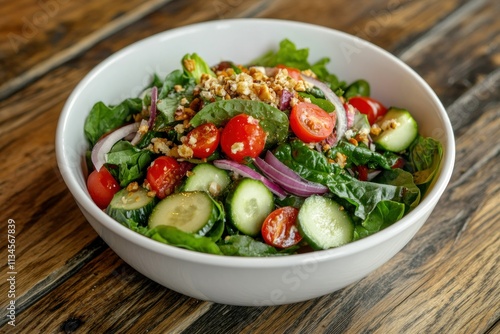 Fresh and Colorful Garden Salad with Spinach, Cherry Tomatoes, Cucumbers, Red Onions, and Crunchy Nuts Served in a White Bowl on a Rustic Wooden Table