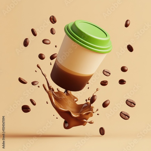 Coffee cup with green lid, splashing brown liquid and coffee beans flying around it. photo