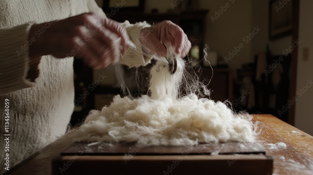 Hands Engaging in Wool Processing with Fluffy Material on Table Hands Engaging in Wool Processing with Fluffy Material on Table