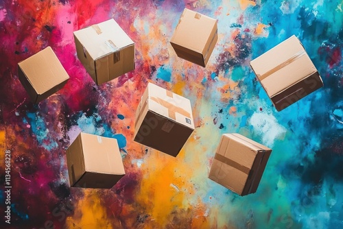 Floating Cardboard Boxes Over Multicolored Abstract Background, Symbolizing Delivery, Shipping, Online Shopping, and Consumerism in Dynamic Art Style