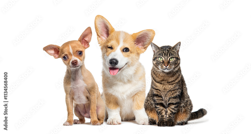Chihuahua and welsh corgi pembroke sitting with tabby cat on white background Chihuahua and welsh corgi pembroke sitting with tabby cat on white background