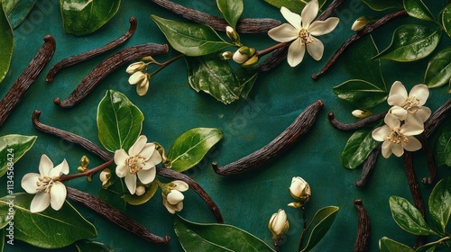 Flat lay of vanilla beans and blossoms on teal background.
