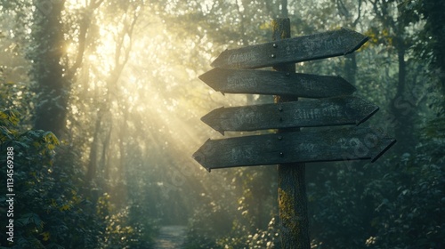 Sunlit forest path with weathered wooden signpost indicating multiple directions.