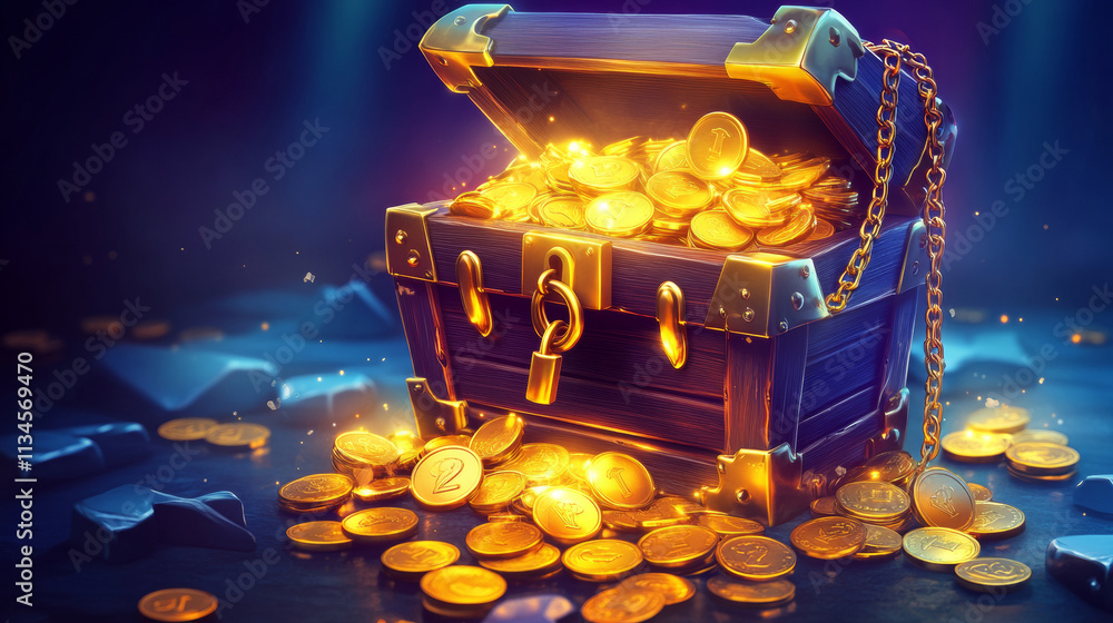 Treasure chest open with gold coins, locked with chain and padlock and key. Game icon of rare loot with ancient wooden trunk with glowing golden money, vector cartoon set isolated on background Treasure chest open with gold coins, locked with chain and padlock and key. Game icon of rare loot with ancient wooden trunk with glowing golden money, vector cartoon set isolated on background