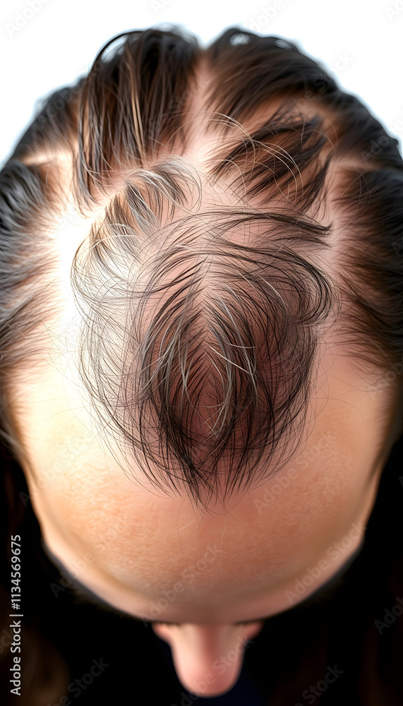 Naklejka premium Close-up of a scalp, before and after hair regeneration, showcasing the miracle of modern beauty treatments, grunge, with white tones