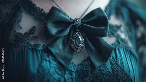 Dark teal lace bodice with black bow and pendant.