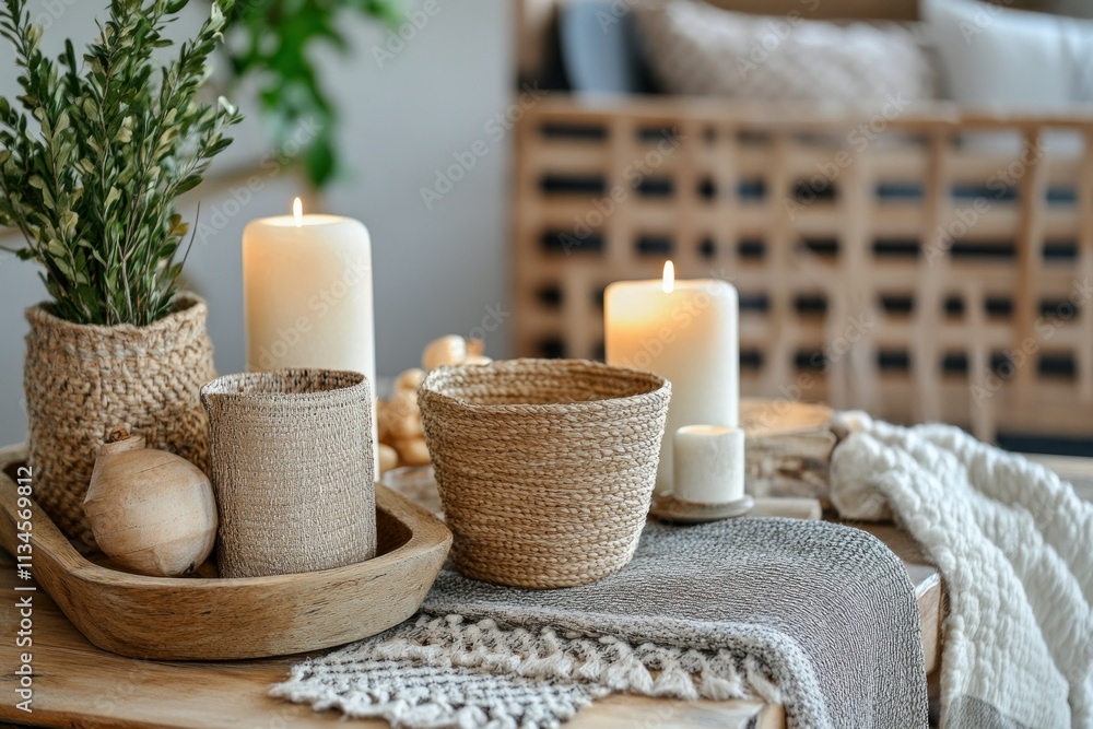 Cozy and Inviting Home Decor Setting with Natural Elements Featuring Candles, Textiles, and Baskets on a Wood Table for a Relaxing Atmosphere Cozy and Inviting Home Decor Setting with Natural Elements Featuring Candles, Textiles, and Baskets on a Wood Table for a Relaxing Atmosphere