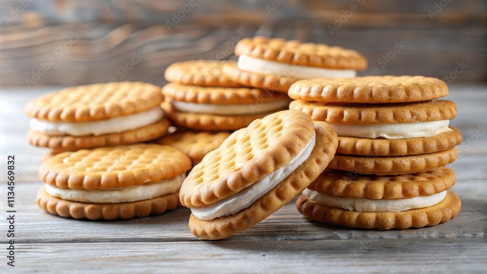 Delicious sandwich biscuits cookies with creamy glaze filling, sweet, dessert, snack, treat, baked goods Delicious sandwich biscuits cookies with creamy glaze filling, sweet, dessert, snack, treat, baked goods