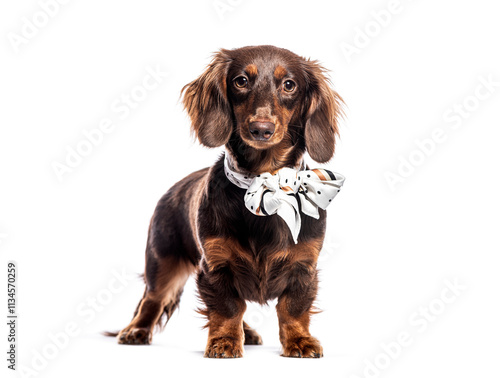 Adorable dachshund puppy wearing a stylish bow tie standing on white background