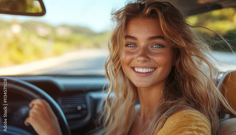 the joyful woman driving a modern car, singing along to music with a radiant smile, vibrant dashboard, and scenic background the joyful woman driving a modern car, singing along to music with a radiant smile, vibrant dashboard, and scenic background