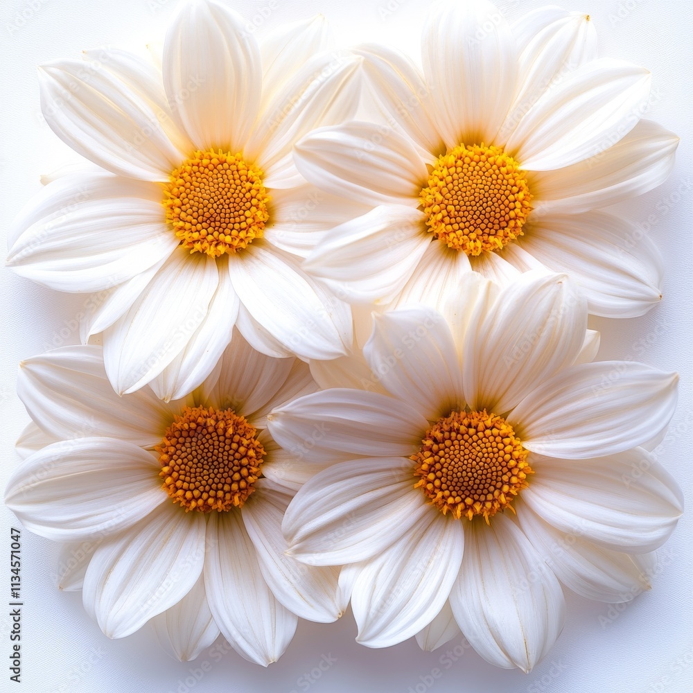 Fototapeta premium A cluster of whitepetal flowers daisies with bright yellow centers, arranged in a square formation, showcasing their delicate petals and vibrant colors.