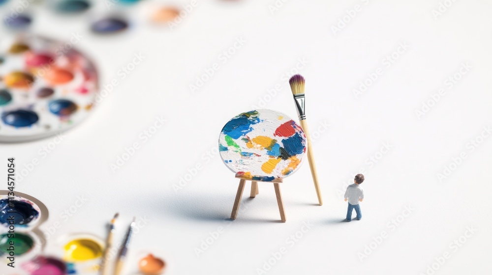 Miniature artist figure observing a paint palette on an easel. Miniature artist figure observing a paint palette on an easel.
