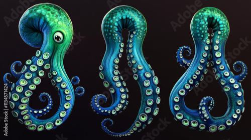 Tentacle leg vector. Octopus monster arm isolated cartoon set. Giant kraken marine scary blue and green gradient drawing png. Underwater ocean squid creature part asset collection for aquatic game photo