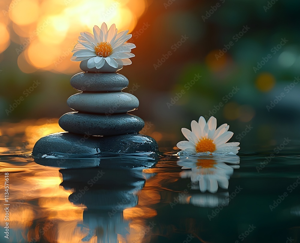 Obraz premium Pebble stacks in sunset waters reflecting a Japanese Zen concept